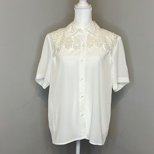 Vintage White Lace Beaded Button Down Blouse